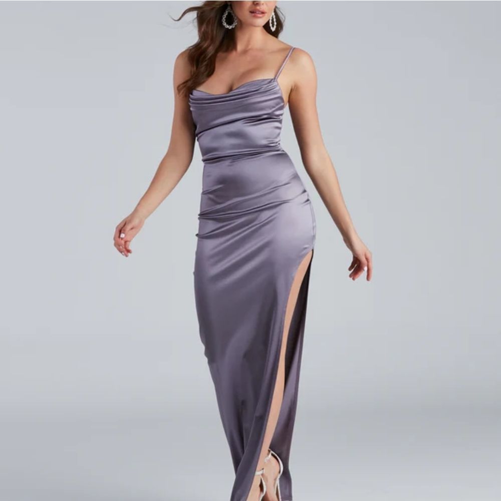 WINDSOR Purple Lola High Slit maxi Satin Dress Medium